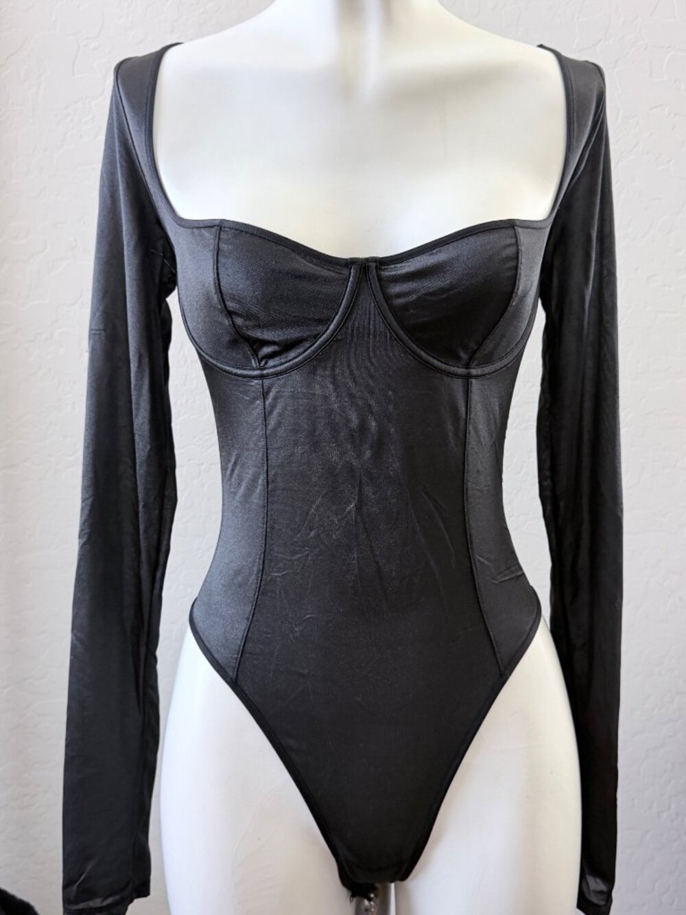 Skims Glissenette Black Onyx Long Sleeve Sheer Mesh Bodysuit With Underwire Size
